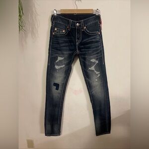 True Religion Women’s Dark Wash Skinny Jeans with Distressed Accents
